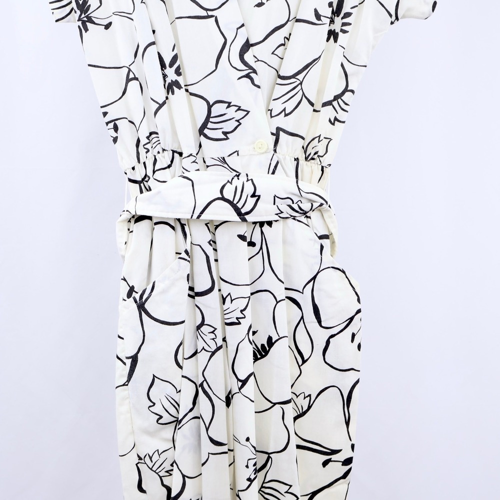 Vintage Floral Jumpsuit Womens White Black Wide Leg Pantsuit Belted 80s Romper - Picture 4 of 5